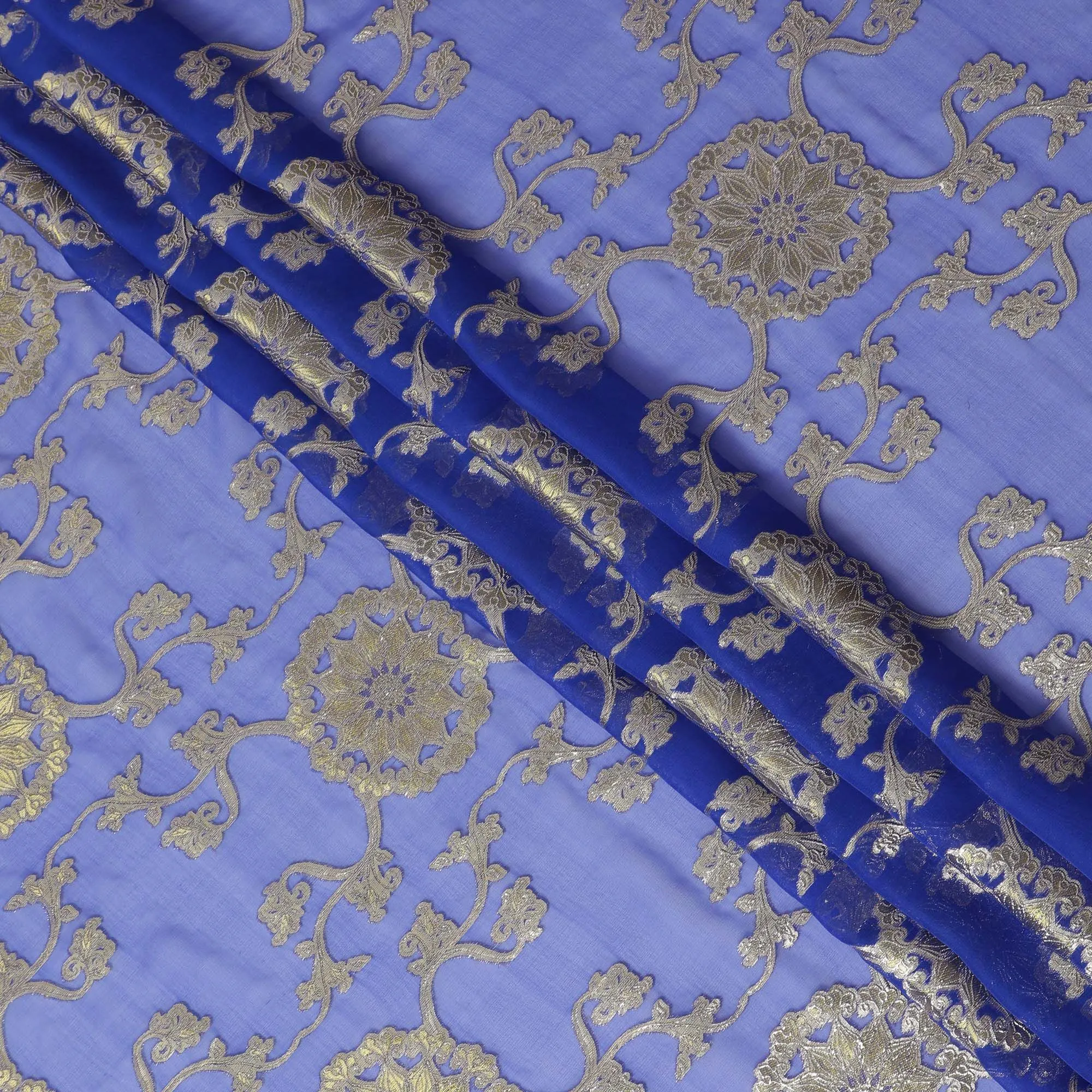 Royal Blue Paisley Premium pure silk Chiffon Fabric with Metallic Accents, 110cm Wide - Luxurious South Korean Textile-D17671