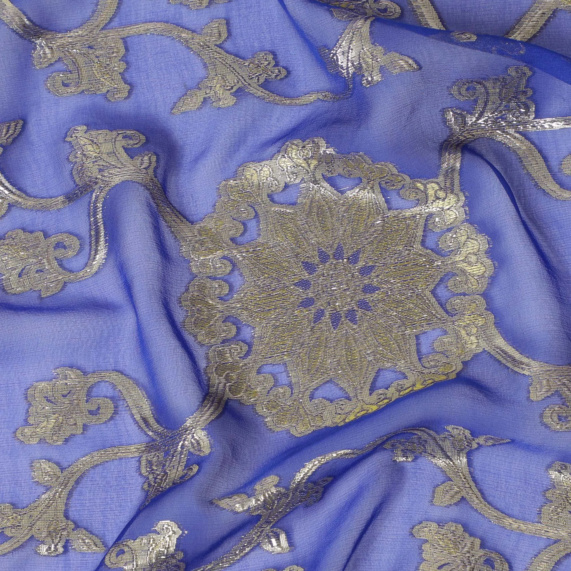 Royal Blue Paisley Premium pure silk Chiffon Fabric with Metallic Accents, 110cm Wide - Luxurious South Korean Textile-D17671