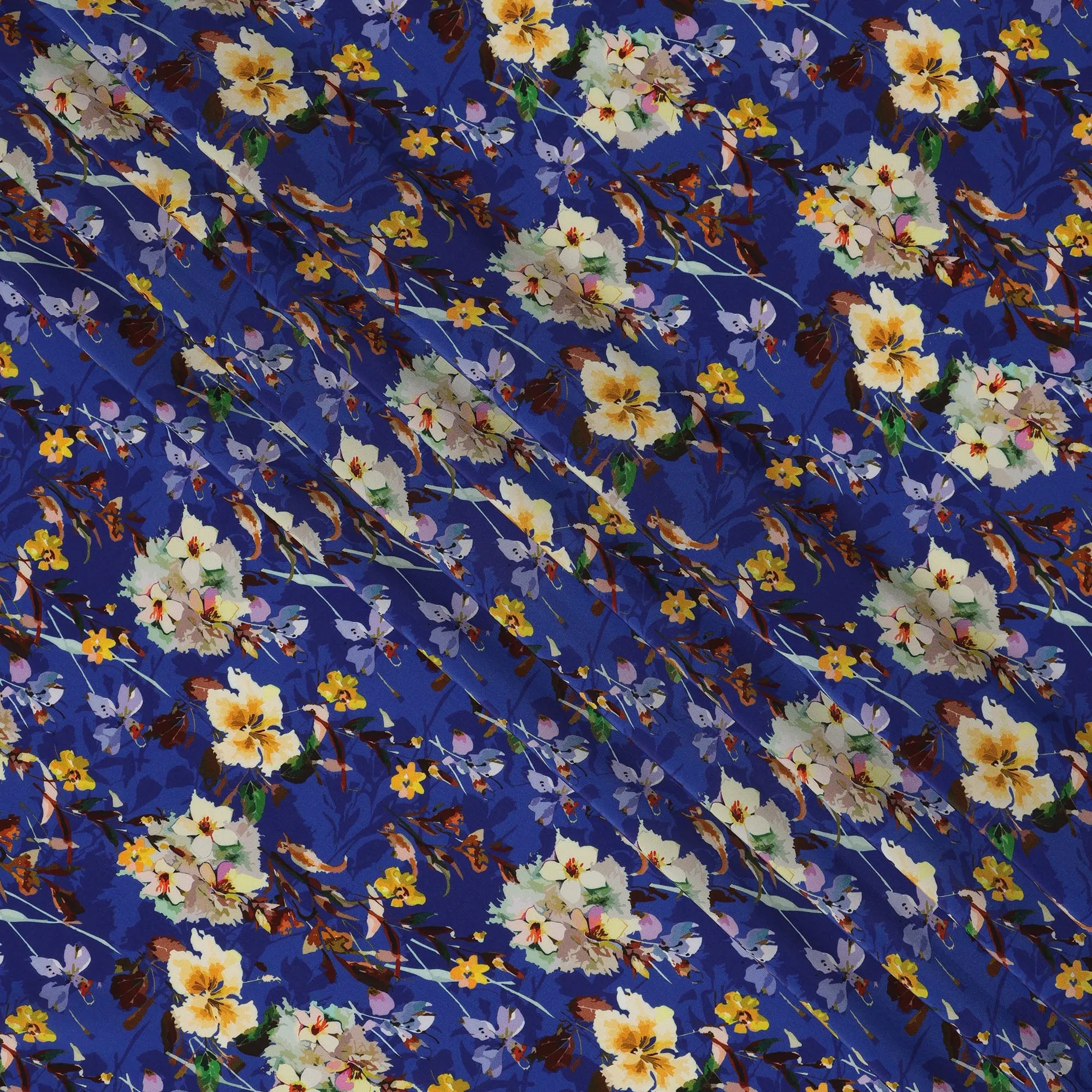 Royal Blue Viscose Fabric with Multicolor Floral Digital Print, 110 cm Width-D20626