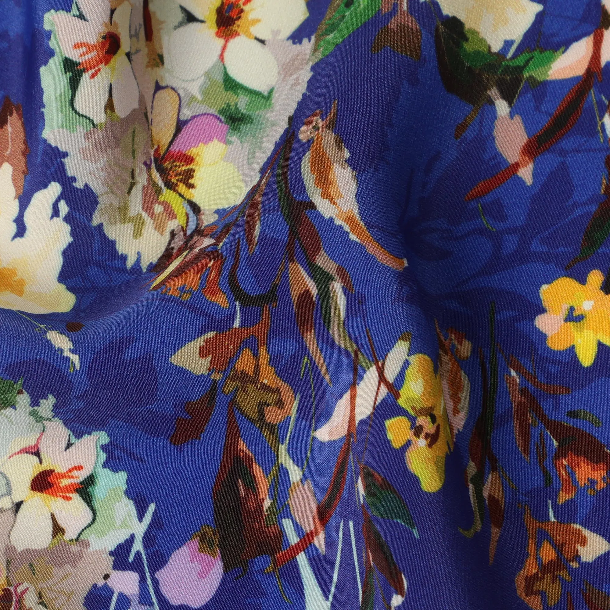 Royal Blue Viscose Fabric with Multicolor Floral Digital Print, 110 cm Width-D20626