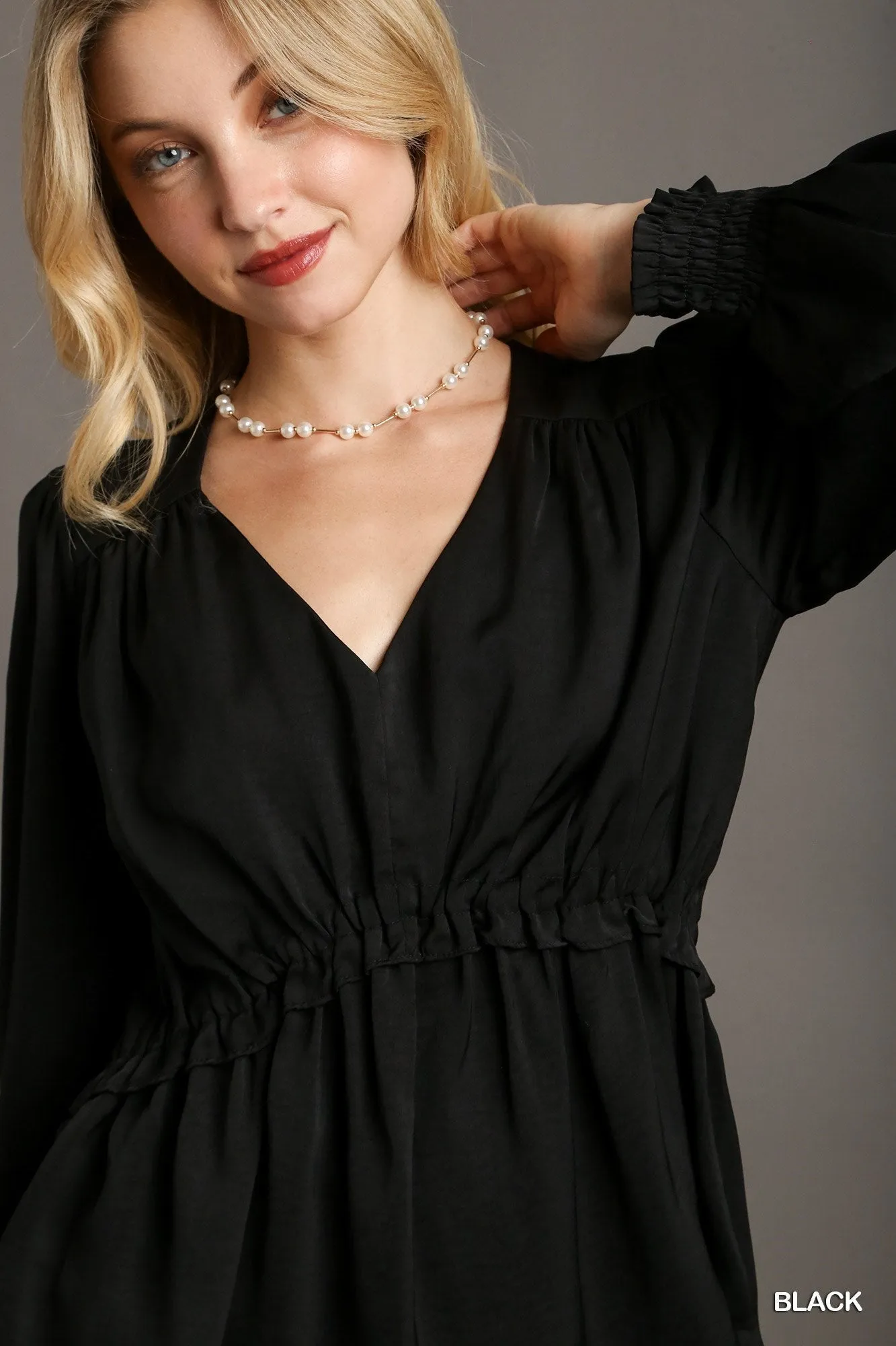 Satin Black V-neck Ruffle Baby Doll Top With Cuffed Long Sleeve