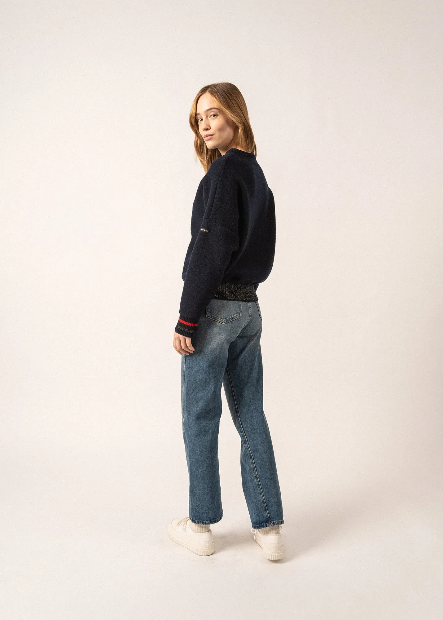 Sélune Sweatshirt-inspired Jumper - in wool, with lurex details (MARINE)