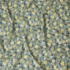 Soft Green Floral Cotton Lawn Fabric with Yellow and White Blossoms, 110 cm Wide, Japanese Design-D19544