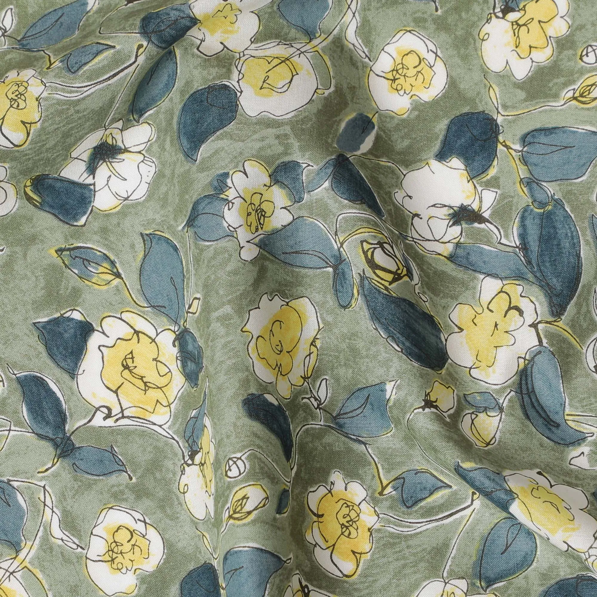 Soft Green Floral Cotton Lawn Fabric with Yellow and White Blossoms, 110 cm Wide, Japanese Design-D19544