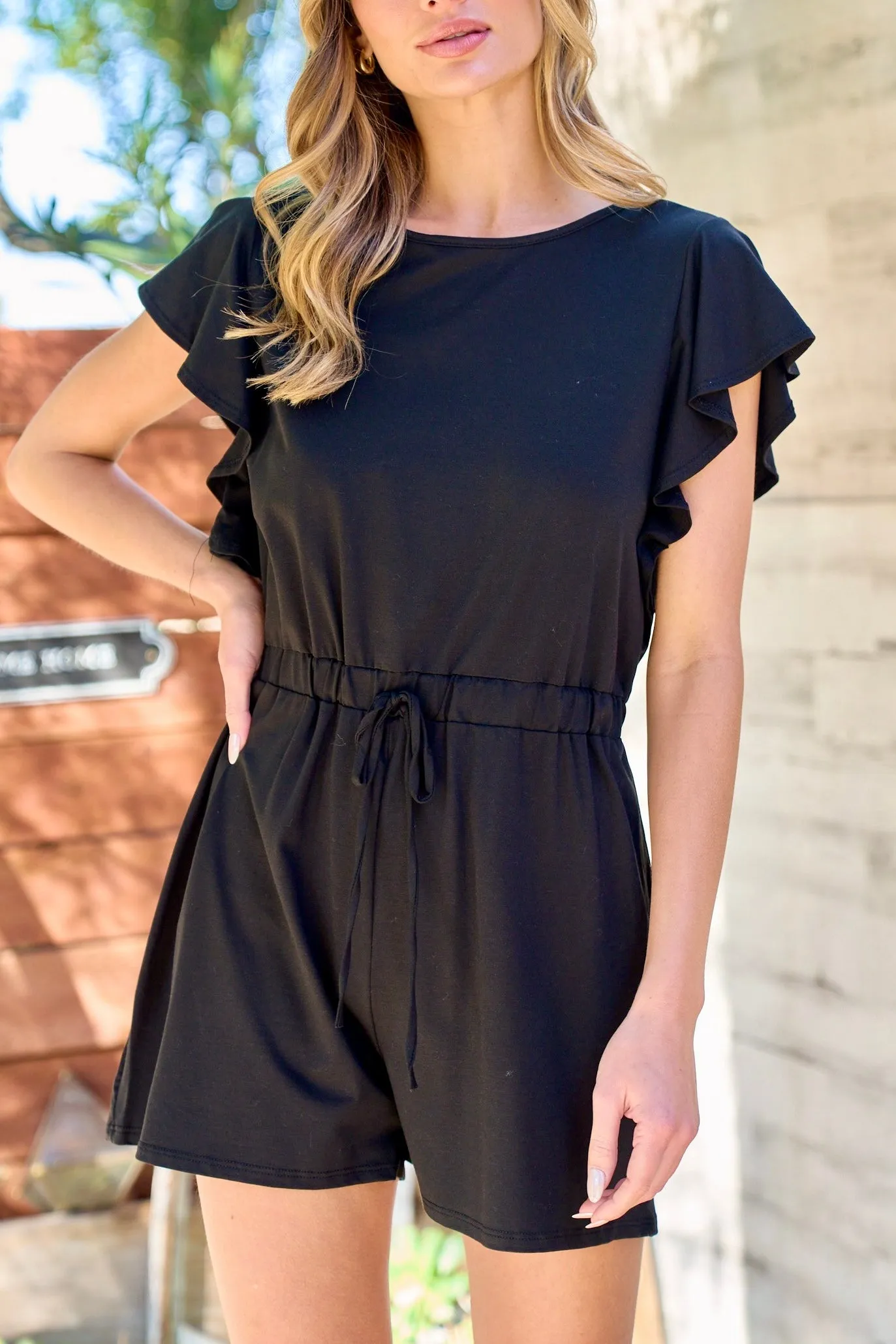 Solid Black Shorts Romper with Ruffled Short Sleeves