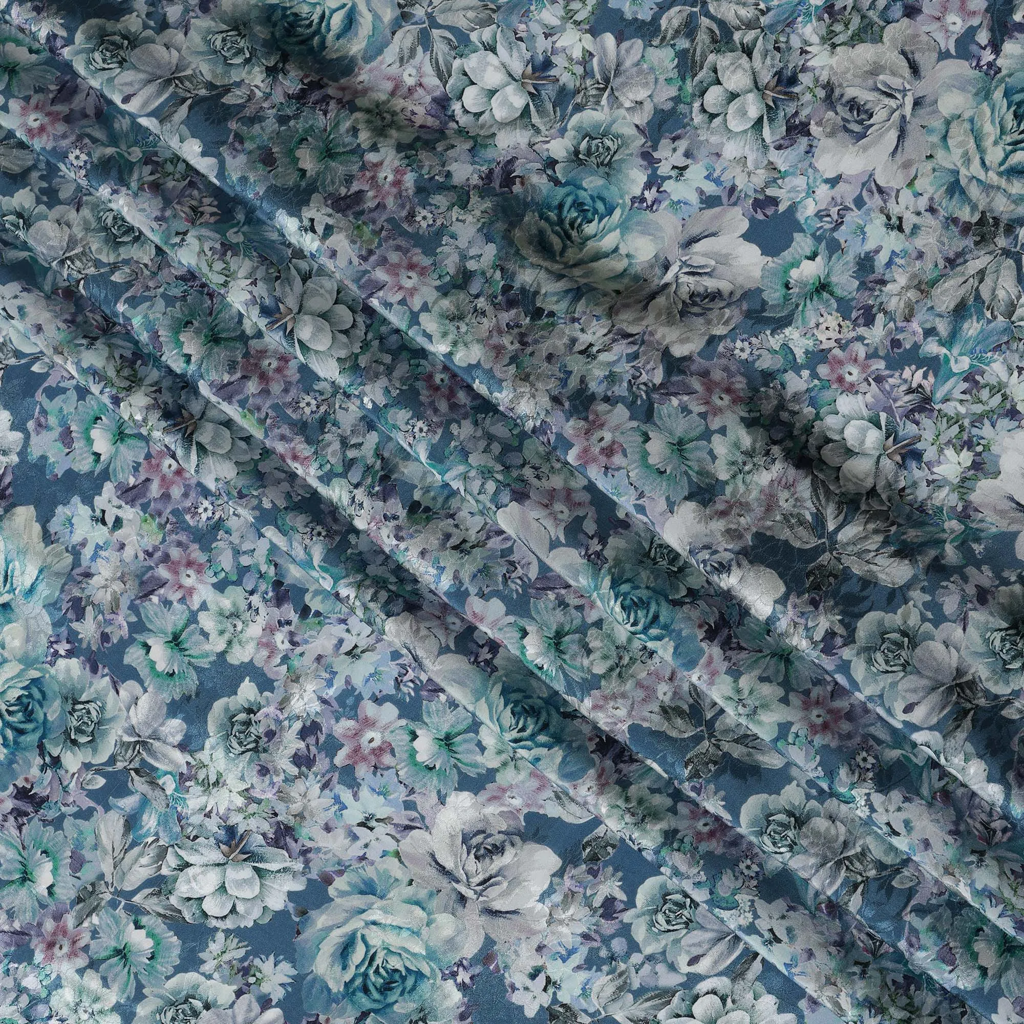 Steel Blue Indian Viscose Modal Satin Fabric, Pastel Floral Print, 110 cm Width-D20940