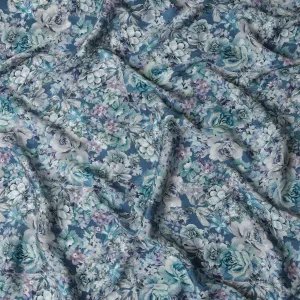 Steel Blue Indian Viscose Modal Satin Fabric, Pastel Floral Print, 110 cm Width-D20940