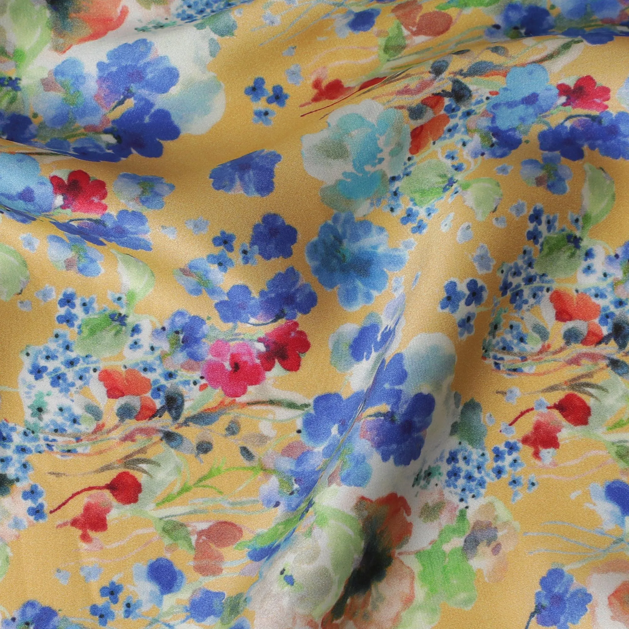 Sunshine Yellow Floral Silk Satin Fabric with Mirror Work - 110 cm Width-D20280