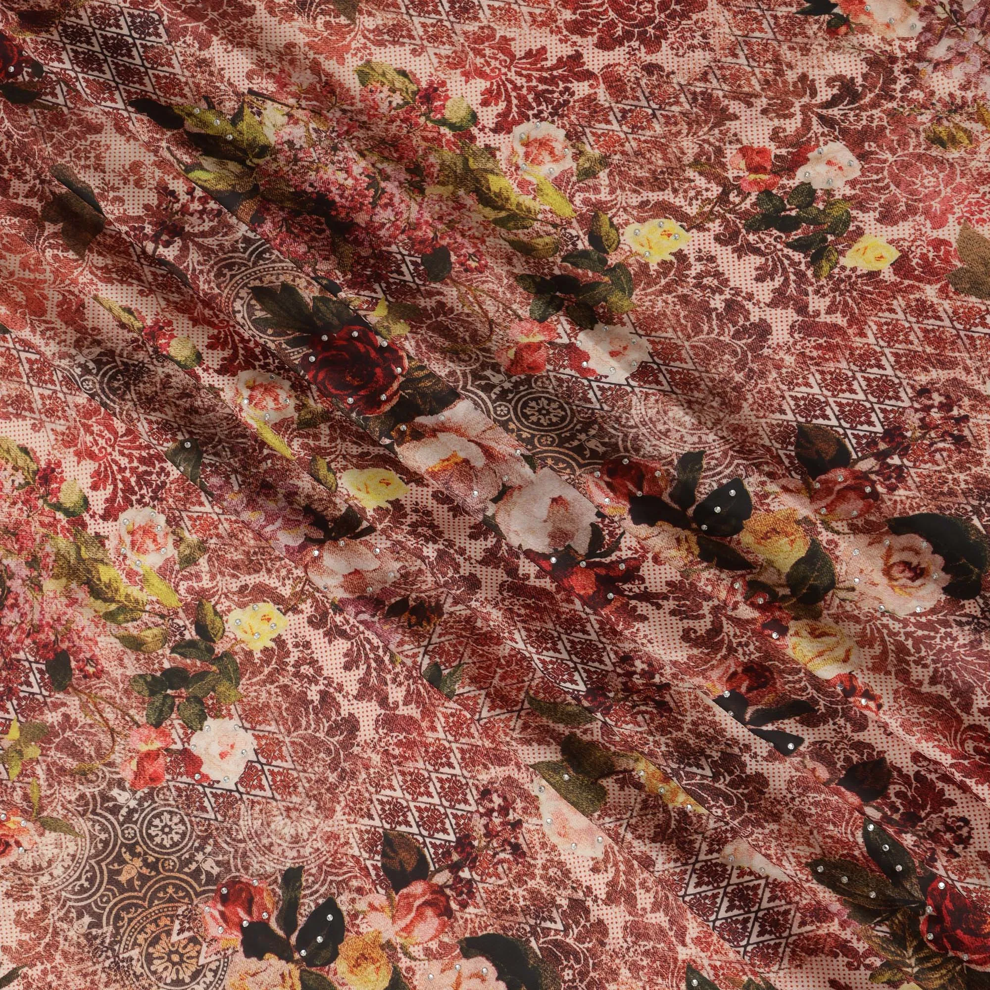 Synthetic Modal Satin Fabric with Stone Work - Vintage Rose and Lace Pattern in Earthy Tones, 110 cm Width-D20655