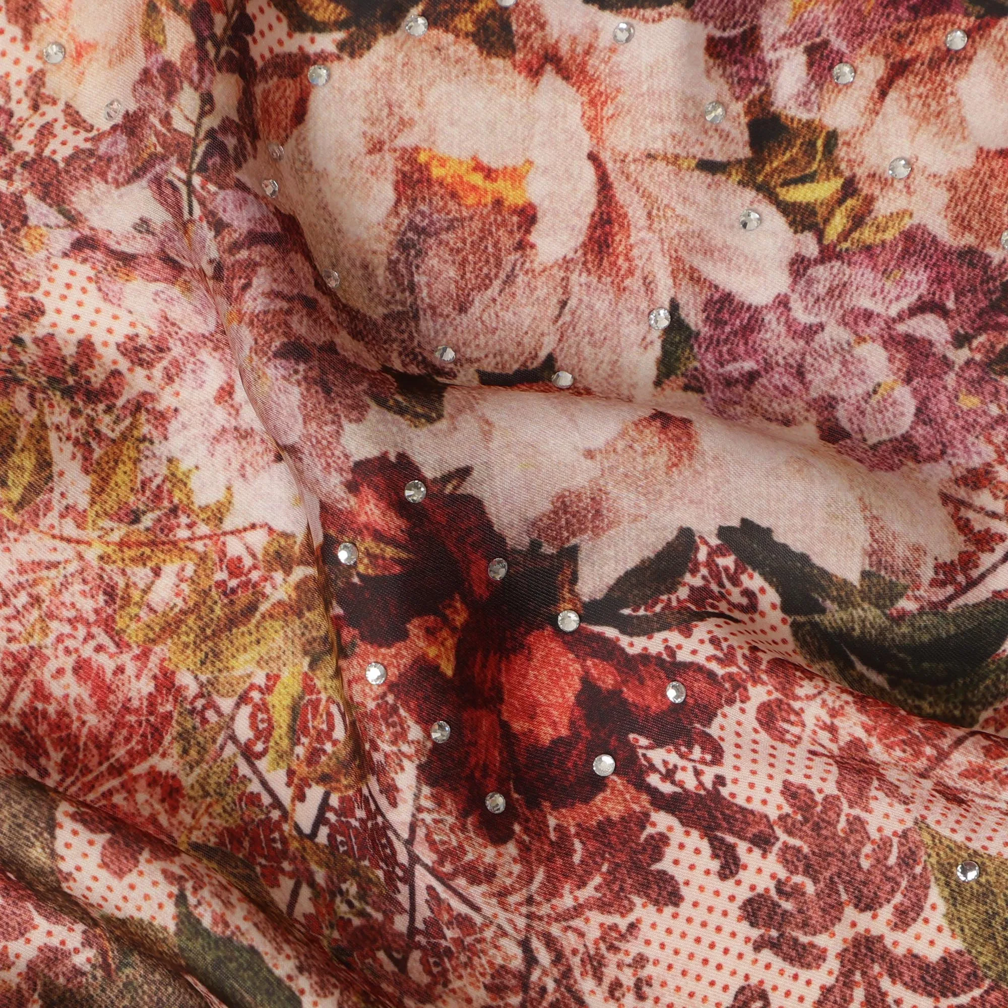 Synthetic Modal Satin Fabric with Stone Work - Vintage Rose and Lace Pattern in Earthy Tones, 110 cm Width-D20655