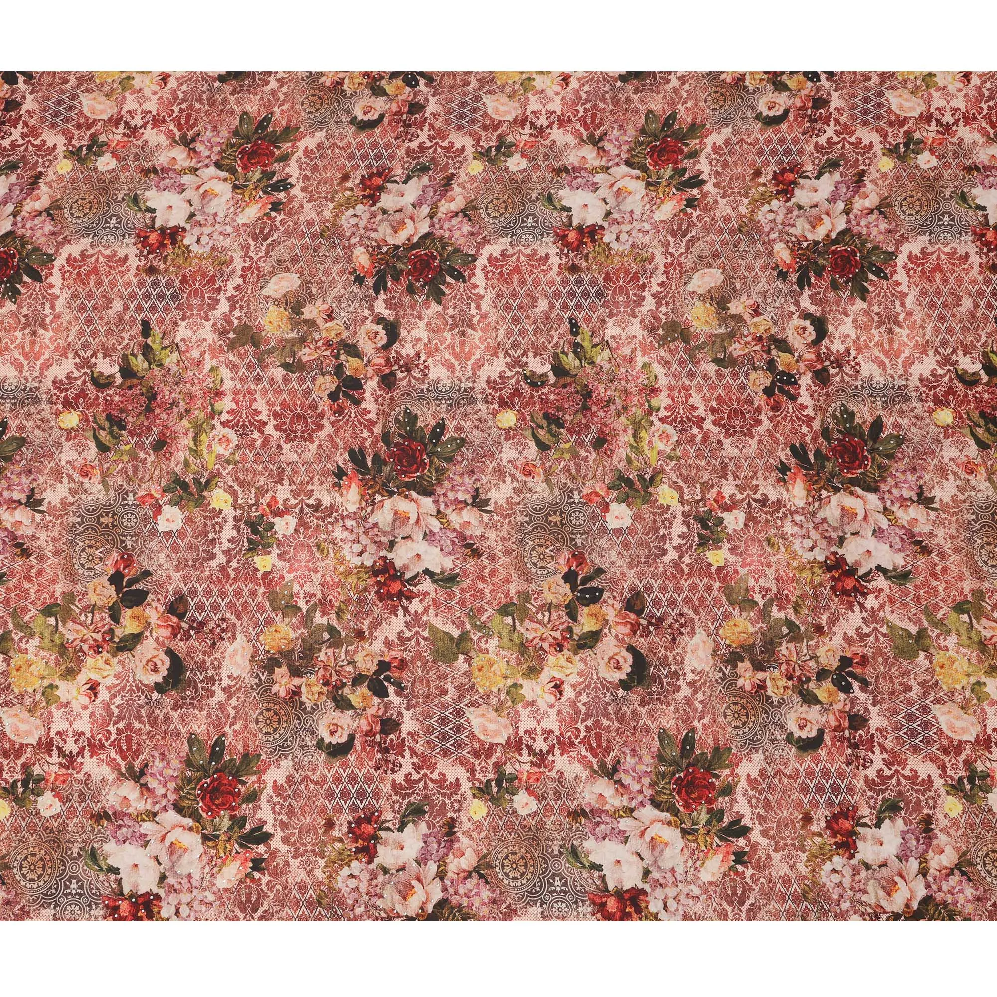 Synthetic Modal Satin Fabric with Stone Work - Vintage Rose and Lace Pattern in Earthy Tones, 110 cm Width-D20655