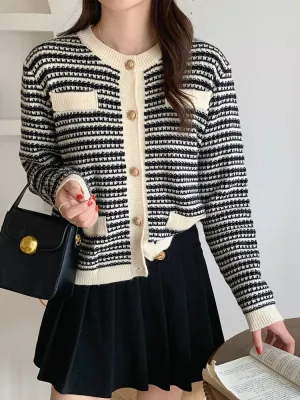 Toleet New 2023 Korean Fashion Striped Sweaters Chic Women Vintage Autumn Winter Knitted Cardigans Elegant Tops