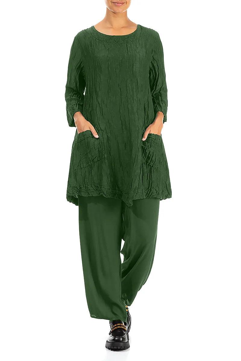 Two Pockets Pine Green Crinkled Silk Tunic