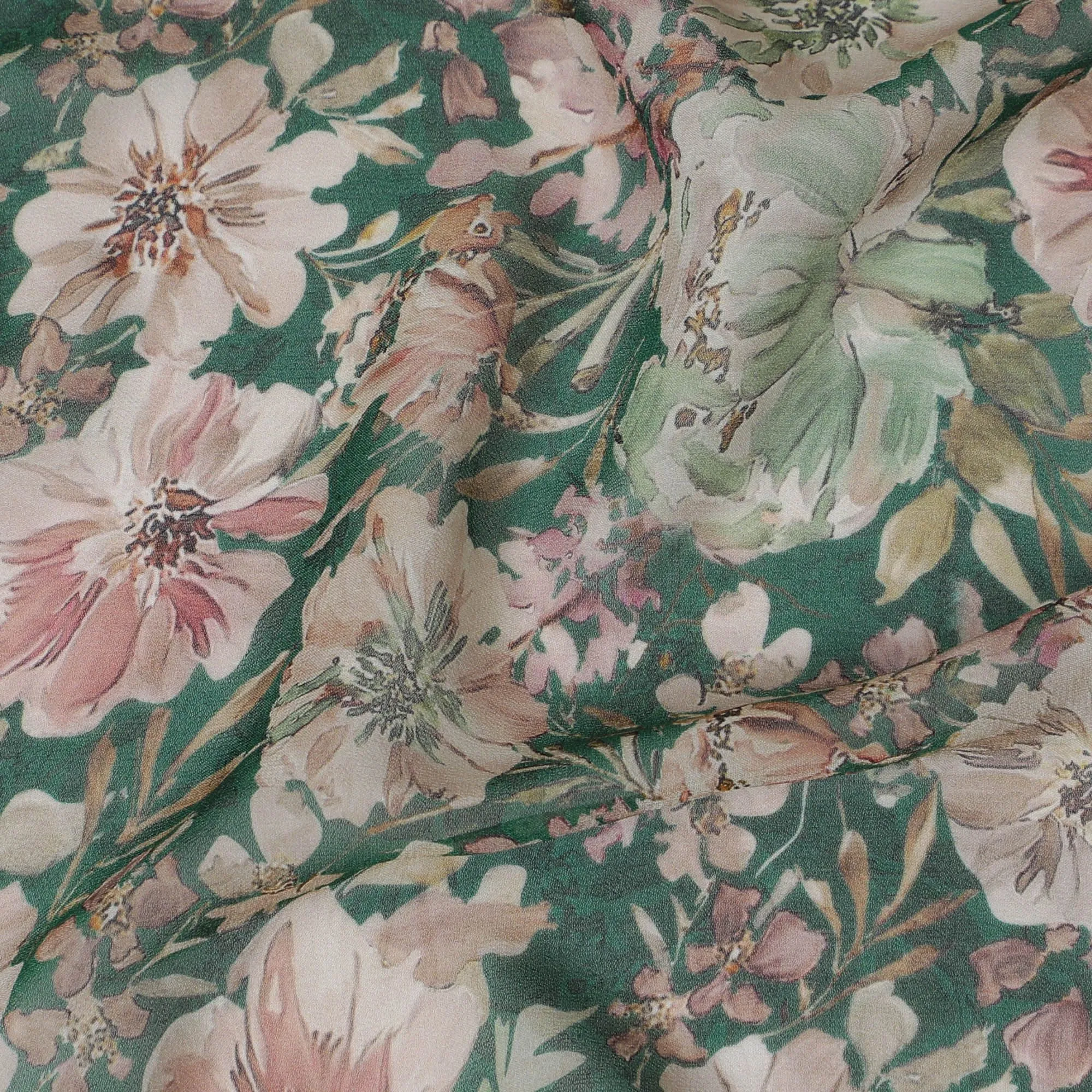 Verdant Blossom Viscose Crepe Fabric - 110cm Wide, Lush Floral Print, Online Shopping-D18108