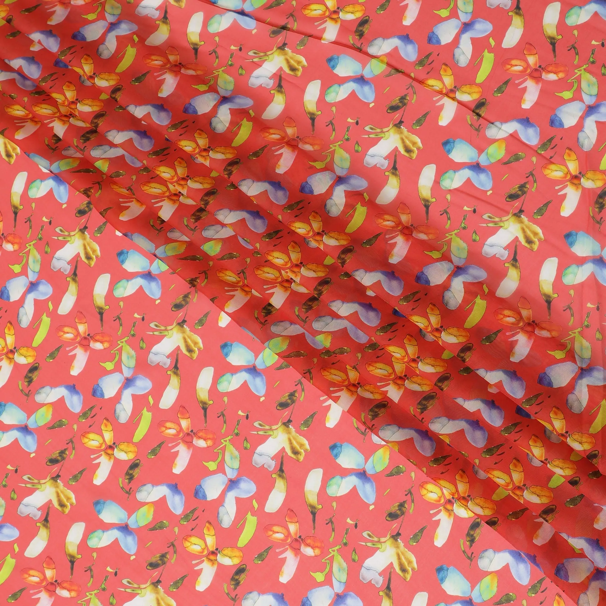 Vibrant Coral Synthetic Chiffon Fabric with Blue and Yellow Floral Print, 140 cm Wide-D19123