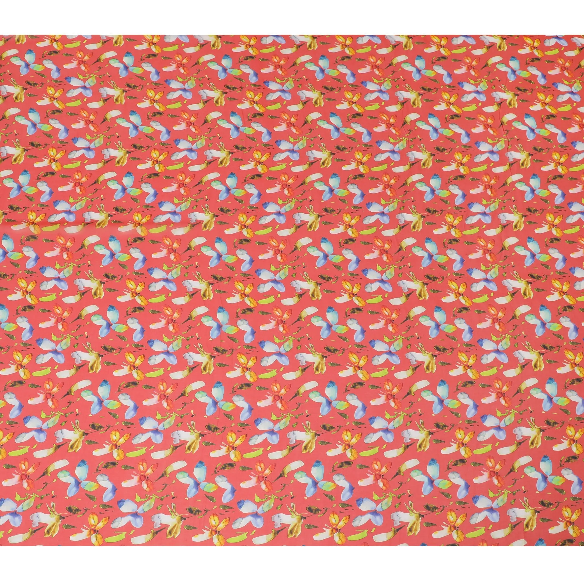 Vibrant Coral Synthetic Chiffon Fabric with Blue and Yellow Floral Print, 140 cm Wide-D19123