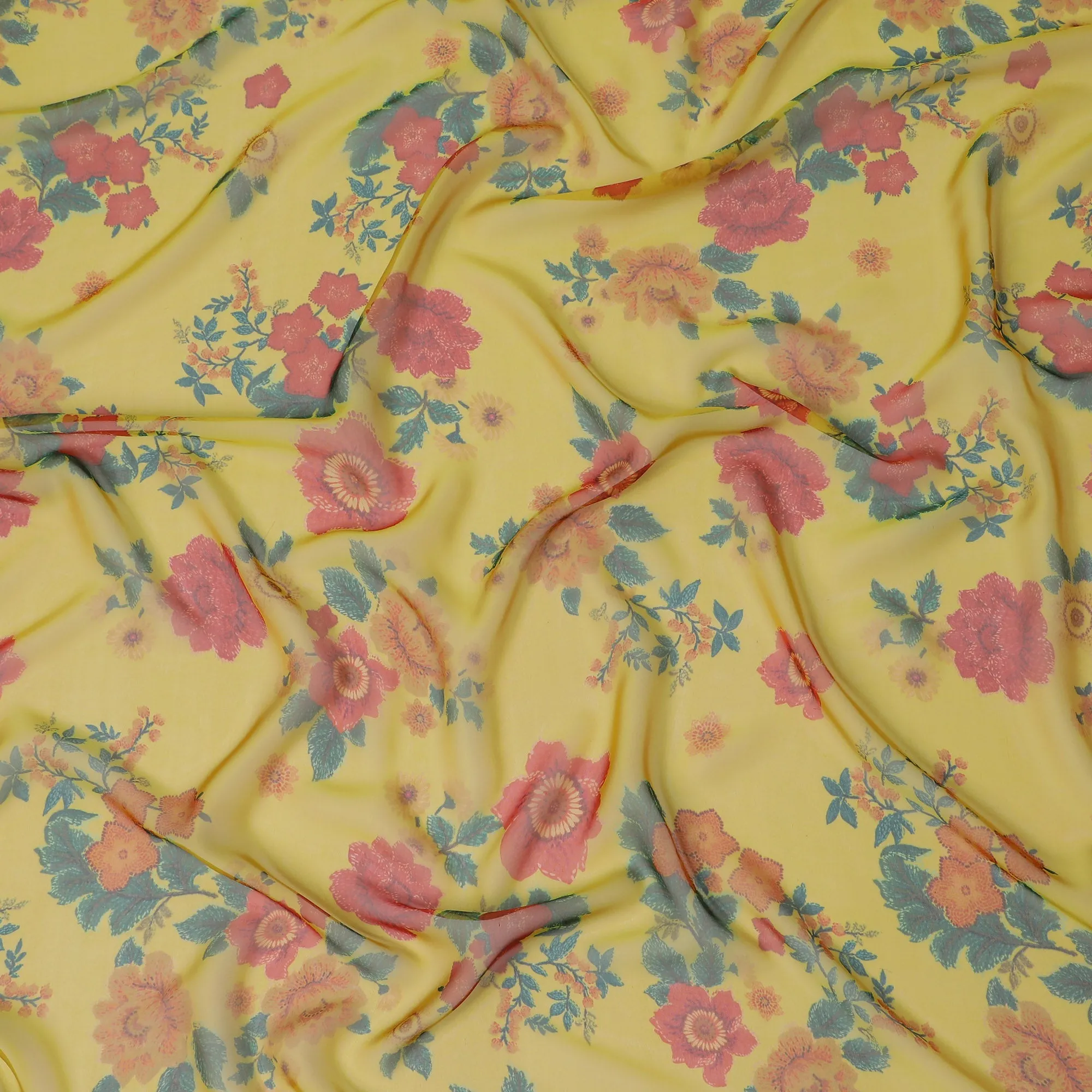 Vibrant Sunshine Yellow Floral Silk Chiffon Fabric, 110cm Width – Perfect for Summer Dresses and Scarves-D20094