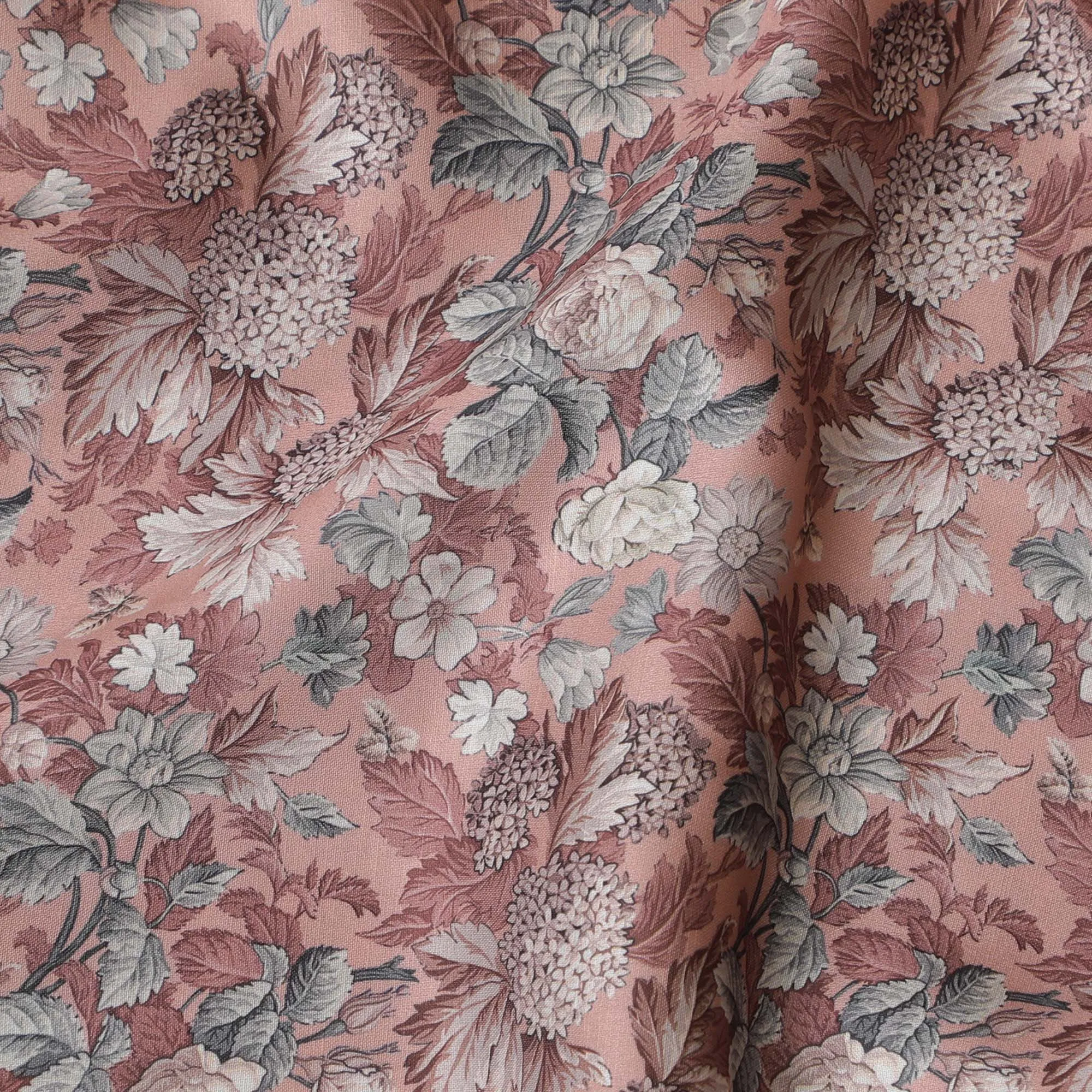 Vintage Floral Blended Cotton Lawn Fabric - Dusty Pink with Grey Botanical Print, 140 cms Width-D19167