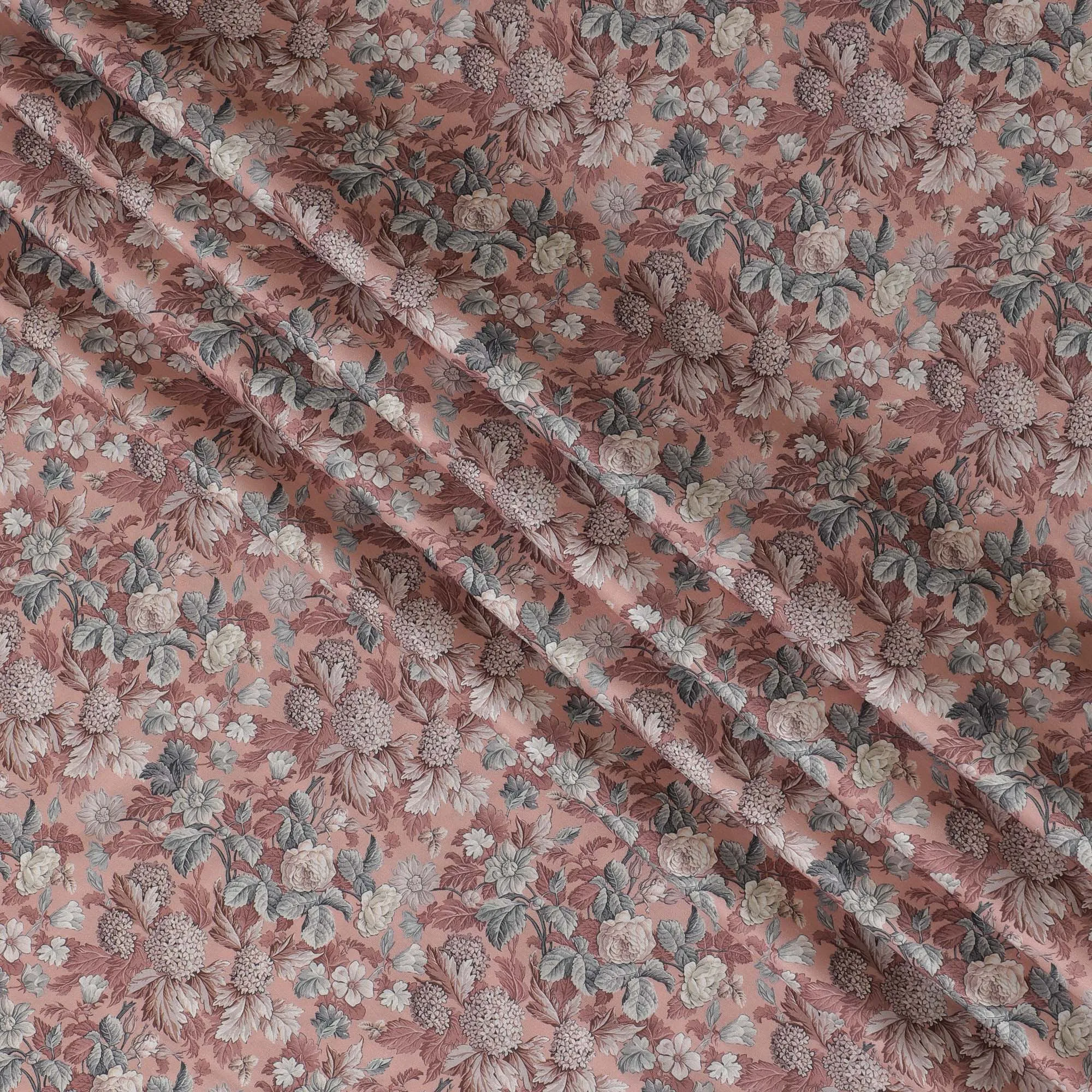 Vintage Floral Blended Cotton Lawn Fabric - Dusty Pink with Grey Botanical Print, 140 cms Width-D19167