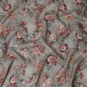 Vintage Floral Elegance Viscose Fabric, Soft Rose Print on Grey, 110 cm Wide-D19210