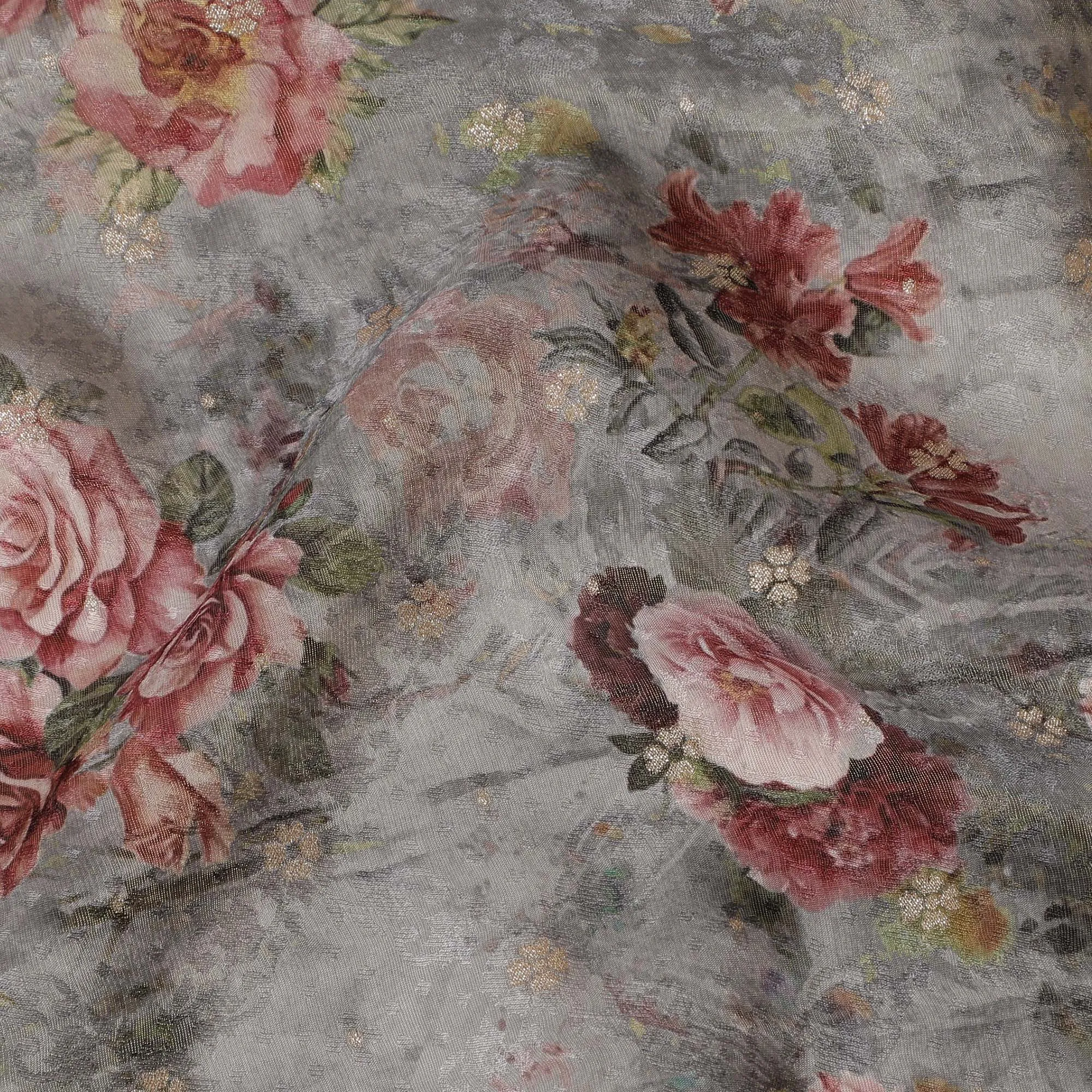 Vintage Floral Elegance Viscose Fabric, Soft Rose Print on Grey, 110 cm Wide-D19210