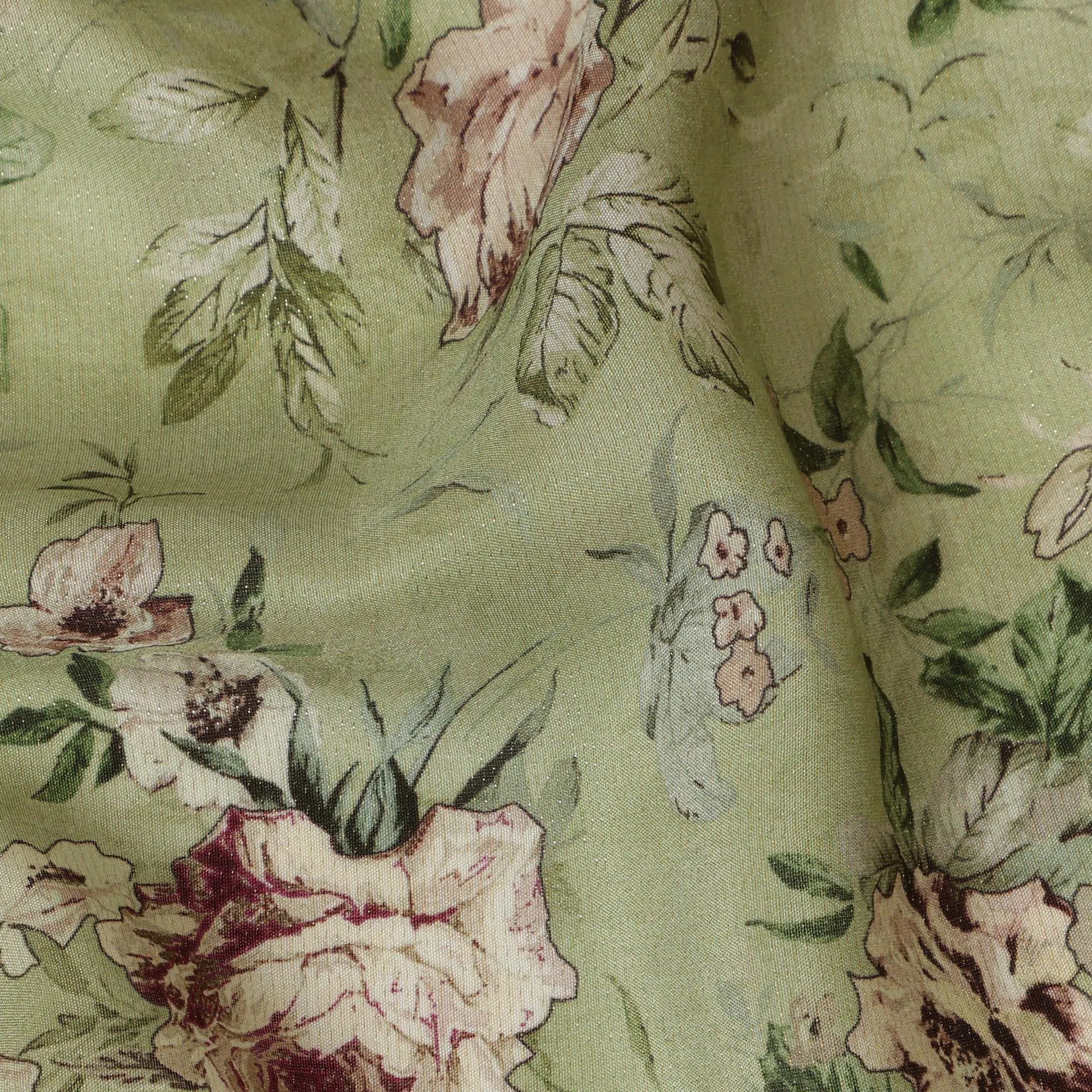 Viscose Crepe Fabric with Stone Work - Vintage Beige Floral on Olive Green, 110 cm Width-D20665