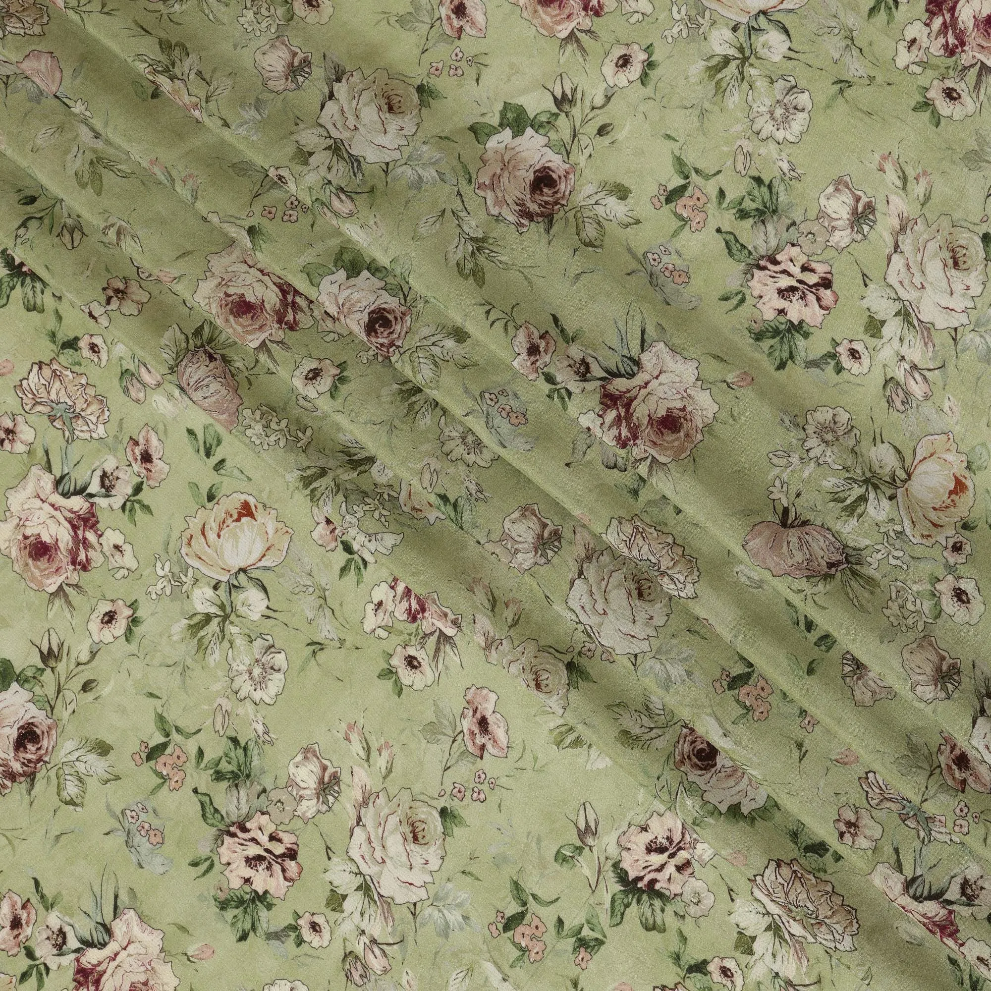 Viscose Crepe Fabric with Stone Work - Vintage Beige Floral on Olive Green, 110 cm Width-D20665