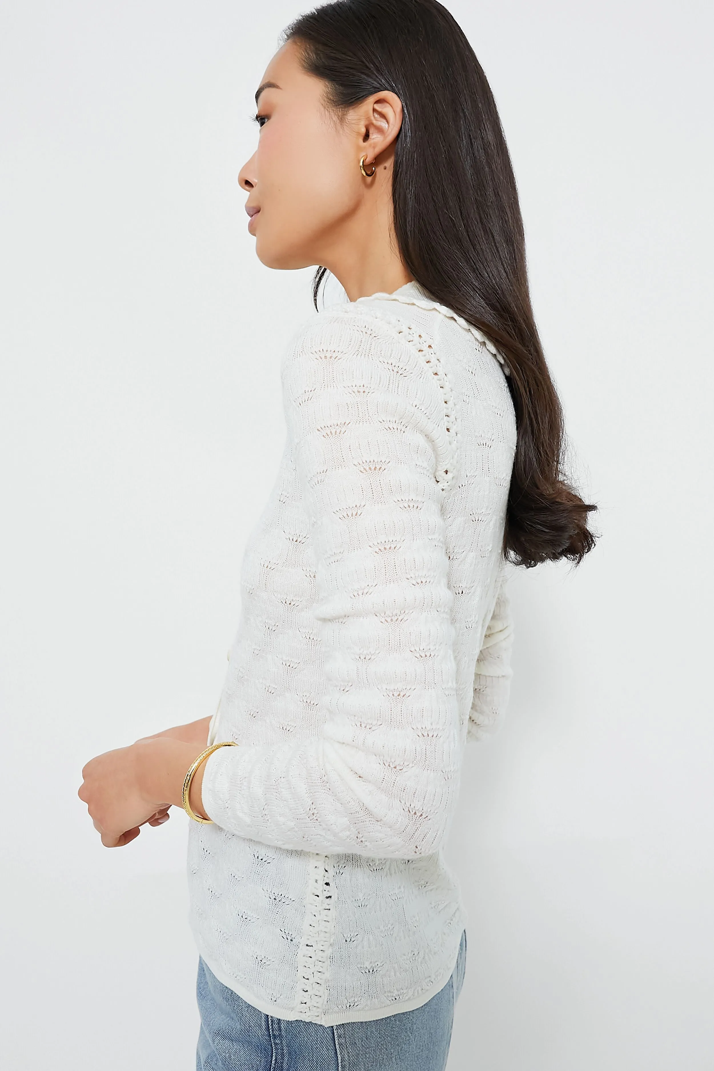 White Mila Pointelle Long Sleeve Cardigan