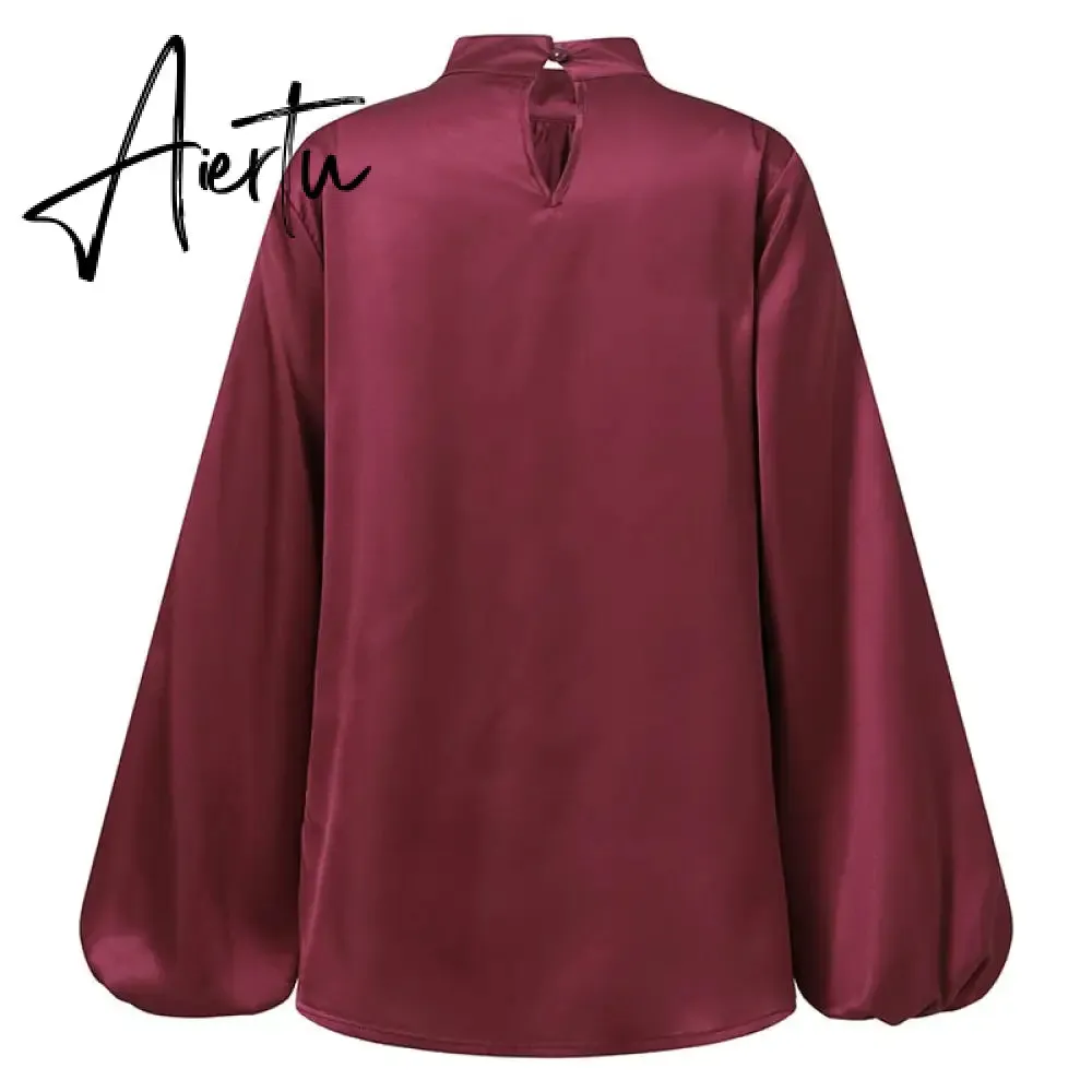 Women Fashion Satin Blouse Lantern Long Sleeve Shirts Autumn Elegant High Collar Casual Party Tunic Tops Streetwear