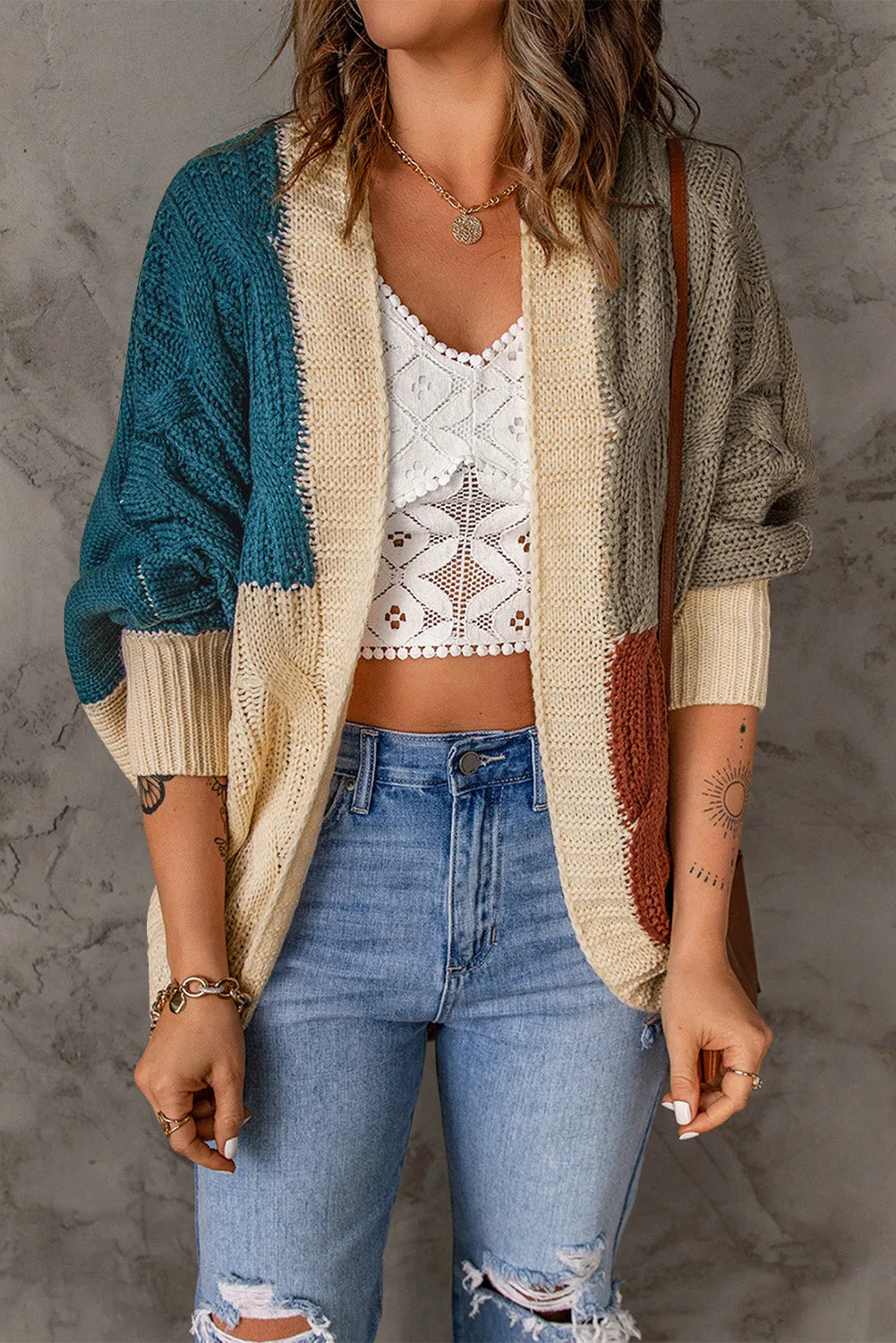 Women's Color Block Loose Open Front Knitted Dolman Sweater Cardigan