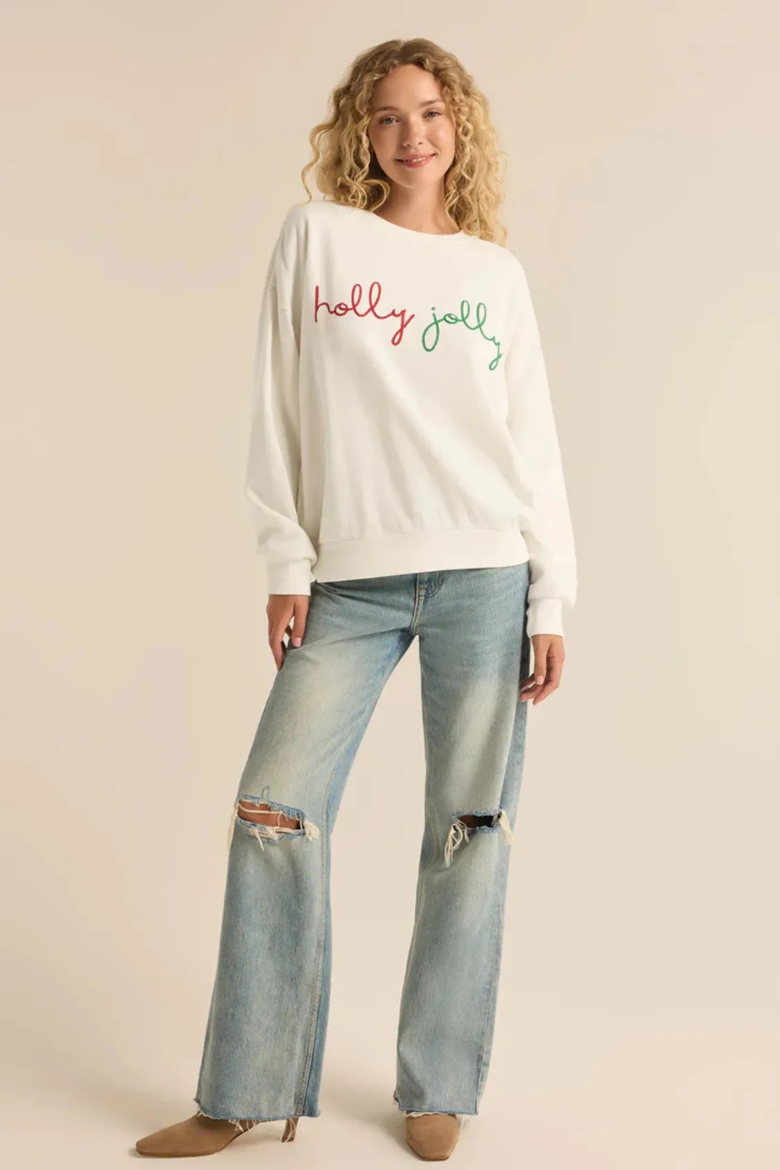 Z SUPPLY - HOLLY CREWNECK EMBROIDERED SWEATSHIRT